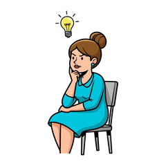 Insightful Muse: A thoughtful woman, lost in contemplation with a glowing idea, embodies the spark of inspiration in a vividly drawn illustration.