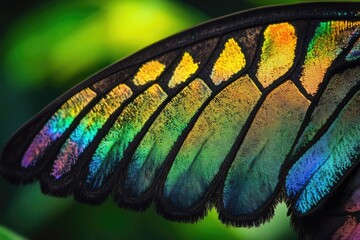 Macro shot of a butterfly wing, showcasing iridescent colors shifting from violet to blue, green, yellow, and orange hues.