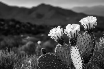 Black and white image of blooming prickly pear cactus with mountains in the background.