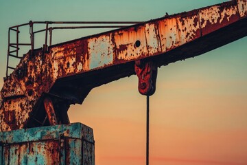 A weathered, rusty crane stands against a serene sunset, showcasing the beauty of decay in industrial equipment.