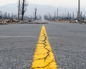 A deserted asphalt road stretches into a hazy, distant industrial landscape, ravaged by fire.  A yellow dividing line cracks