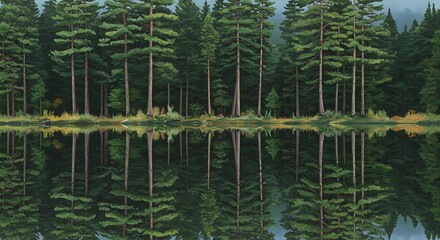 Obraz premium A tranquil lake reflects a dense forest of tall evergreen trees on a calm and peaceful day outdoors