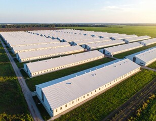 Fototapeta premium Aerial view of a large-scale modern poultry farm, showing long rows of pristine white chicken coops surrounded by lush green farmland below