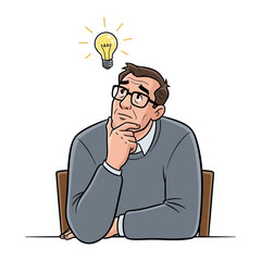A Moment of Inspiration: An illustration of a man in eyeglasses and casual wear, sitting with his hand thoughtfully touching his chin beneath the glowing outline of a bright light bulb