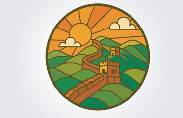 Round Great Wall of China Badge Label or Logo in Prismatic Style Template