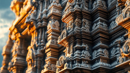Obraz premium A close-up of the intricate carvings on the Tirupati temple facade