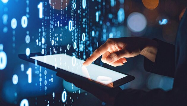 Hands touching a tablet screen displaying digital data and binary code, symbolize technology, innovation, and connectivity in the digital age