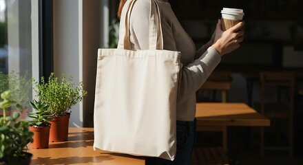 Person Holding Eco Tote and Coffee Amid Indoor Plants