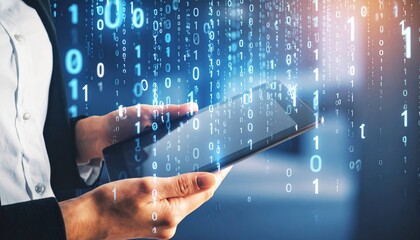 A person holding a digital tablet with projections of binary numbers (0 and 1) surrounding and radiating from the device, symbolizing the concepts of big data, digital technology, cybersecurity