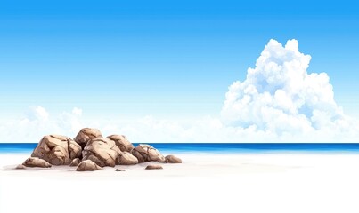 Obraz premium A bright, cartoonish beach scene. Light sand and a blue ocean blend under a vibrant sky with a large, fluffy cloud. A cluster of rocks sits in the foreground