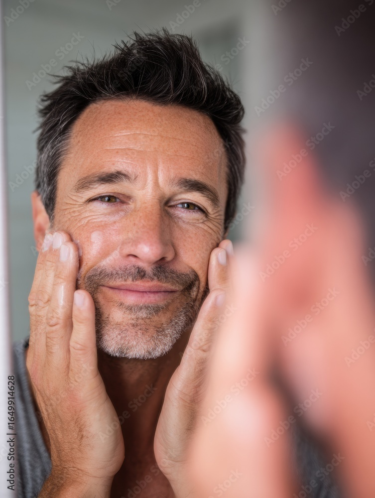 Poster man caring for skin in bathroom mirror during morning routine while smiling and applying cream