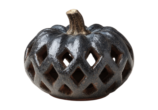 Black Ceramic Pumpkin with Sharp Triangular Cutouts on Transparent Background