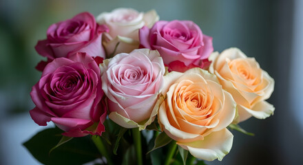 Fototapeta premium A vibrant bouquet of roses exhibiting a spectrum of hues, from deep magenta and soft pink to delicate peach, capturing the essence of floral elegance and serene beauty presented against a blurred