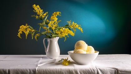 still life photography minimalist composition with white tablecloth and ivory flower branches in the vase with yellow flowers white bowl gelato