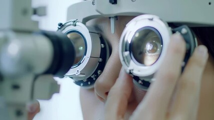 Eye examination process showcasing vision testing equipment and patient in a clinical setting