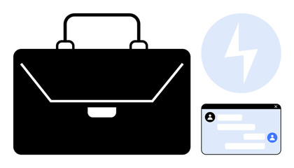 Black briefcase, chat window with text bubbles, and bolt icon. Ideal for business, teamwork, productivity, innovation, efficiency networking and strategy. Perfect for simple landing page
