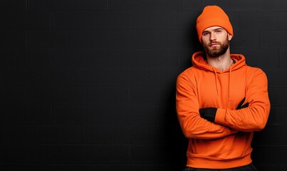 Bearded man in orange hoodie and beanie leans against a dark textured wall with arms crossed, looking at the viewer with a serious expression