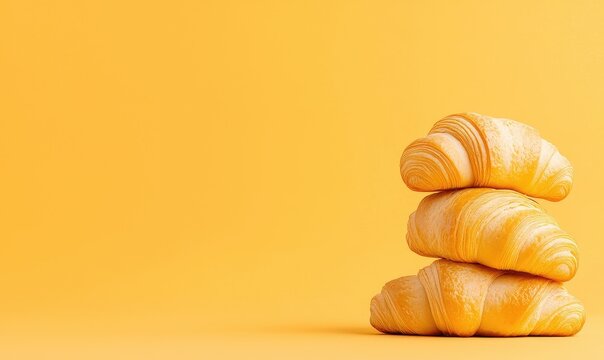 Three golden croissants stacked against a vibrant, plain yellow backdrop