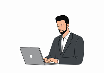 Professional Bearded Businessman Focused on Laptop Work, Minimalist Illustration on White Background
