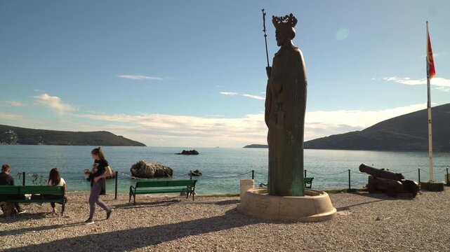 Monument to the Stefan Tvrtko I Kotromanic standing next to the shore of Adriatic sea in Herceg Novi, Montenegro