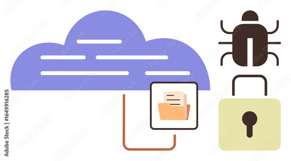 Poster cloud connected to a file folder, malware icon, and padlock symbolizing data security, cyber threats