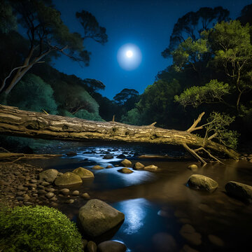 Fallen Tree Hangs Over Jakes Creek In The Moon Light