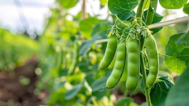 Close Up of Green Pea Pods Hanging on Vine in Garden with Bright Sunlight and Blurred Background Rich in Organic Nutrients and Natural Growth