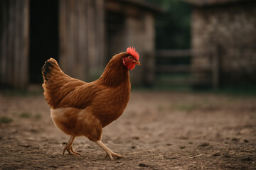Fototapeta premium Free-range brown chicken walking on farmyard