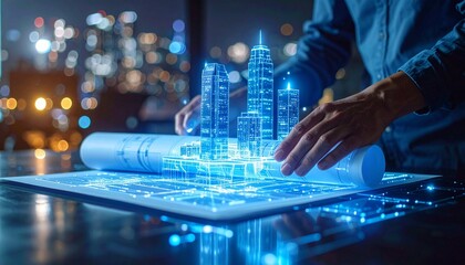 Futuristic architectural concept with an engineer or architect interacting with a digital projection of a building on a blueprint, symbolizing smart city planning, construction technology, 