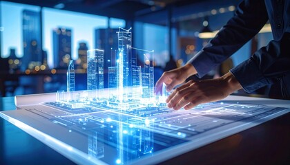 A futuristic architectural concept featuring a glowing holographic building model over a blueprint.  Illustrating innovations in urban design, smart city planning, and modern construction technology