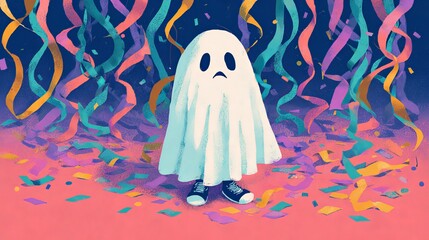 Sad ghost in blue sneakers stands on confetti-covered pink floor under colorful streamers with a vibrant blue-purple gradient background