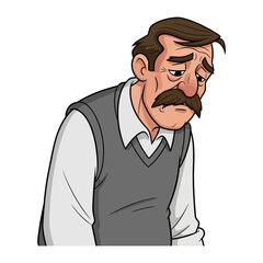 Melancholy Man: A cartoon depiction of an older man, etched with sadness, revealing a deep, pensive expression with subtle detailing.