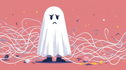 Cartoon ghost overwhelmed in chaotic scene with tangled yarn and scattered confetti on reddish-pink background