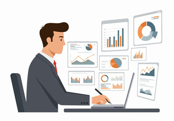 Businessman Analyzing Financial Data and Business Performance Metrics on Multiple Digital Screens and Interactive Charts