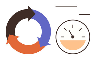 Circular flow arrows denoting process, speedometer for performance metrics. Ideal for productivity, efficiency, performance, process improvement, teamwork, analytics business strategy. Simple flat