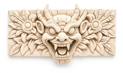 A carved stone sculpture featuring a demonic face with horns and a wide, menacing grin, flanked by stylized floral designs.