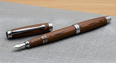 Elegant fountain pen with a unique wood grain finish, displayed with its cap on a textured gray surface, evoking a sense of sophistication and timeless style, highlighting the beauty of writing