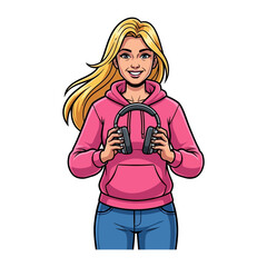 Blonde Beauty with Headphone: A radiant cartoon girl, sporting flowing blonde hair and a pink hoodie, showcases a set of sleek headphones. The image captures the essence of music and youth.