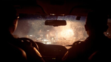 Nighttime cityscape with fireworks viewed from inside a car through the windshield
