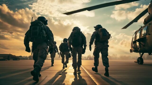 Soldiers in tactical gear approach a helicopter during sunset on a military base