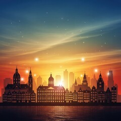 Fototapeta premium Silhouette of a Cityscape at Dusk with Glowing Lights, a Beautiful Skyline