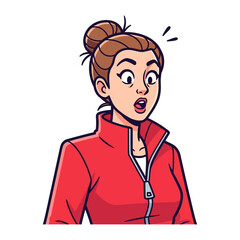 Astonished expression on women: An illustration of a woman in a red jacket with a surprised expression. Her wide eyes and open mouth convey astonishment.