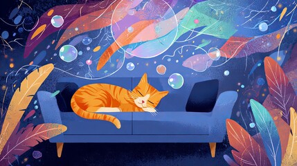 Orange tabby cat sleeping peacefully on blue couch surrounded by vibrant abstract swirls and colorful dreamy foliage