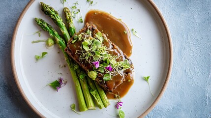 Gourmet plated glazed meat with asparagus spears, microgreens, and edible flowers on a white plate with a brown rim against a light blue background