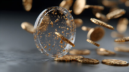 Golden coins breaking through water surface