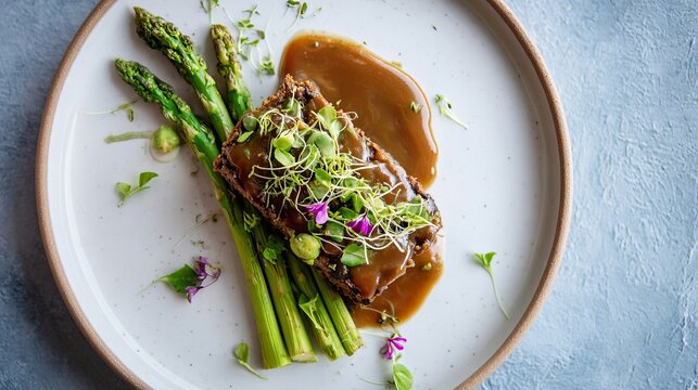 Gourmet plated glazed meat with asparagus spears, microgreens, and edible flowers on a white plate with a brown rim against a light blue background