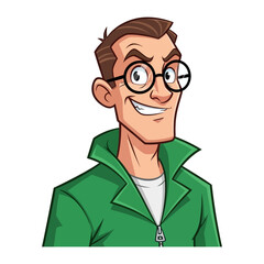 The Smart Guy in Glasses: A friendly looking smart man wearing glasses, with a grin, a green jacket, embodies a positive attitude and intellectual curiosity. 