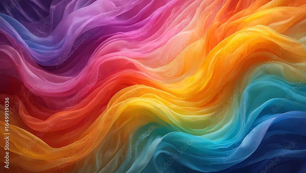 Poster vibrant rainbow flowing fabric waves abstract background with soft translucent layers