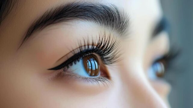 Close-up view of beautiful brown eyes with dramatic eyelashes showcasing perfect eyeliner in natural light