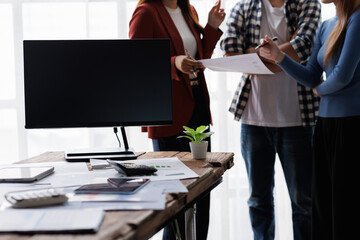 Analyze financial data and accounting record with calculator in meeting office, Accounting company...